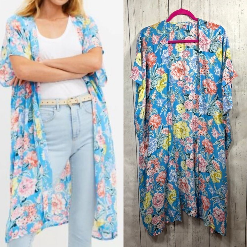 LOFT Blue Floral Open Front Kimono Cover Up M/L Lightweight Layering Cottagecore